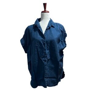 Quince Women's Shirt Size Large Vintage Wash Tencel Camp Shirt Midnight Blue